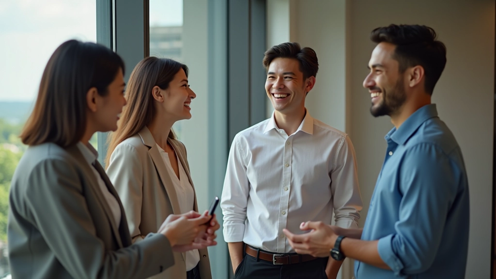 Team members smiling during casual office conversation near window with natural light