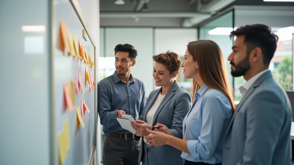 Team members collaborating on whiteboard with sticky notes in modern office environment
