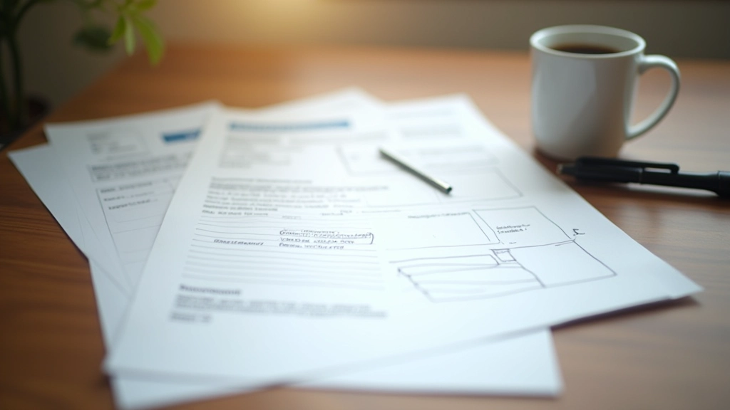 Detailed notes and planning document on office desk with pen and coffee cup