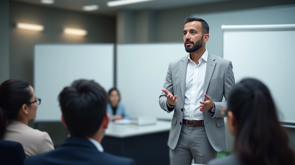 Leader speaking to group with confident posture and engaged audience members taking notes