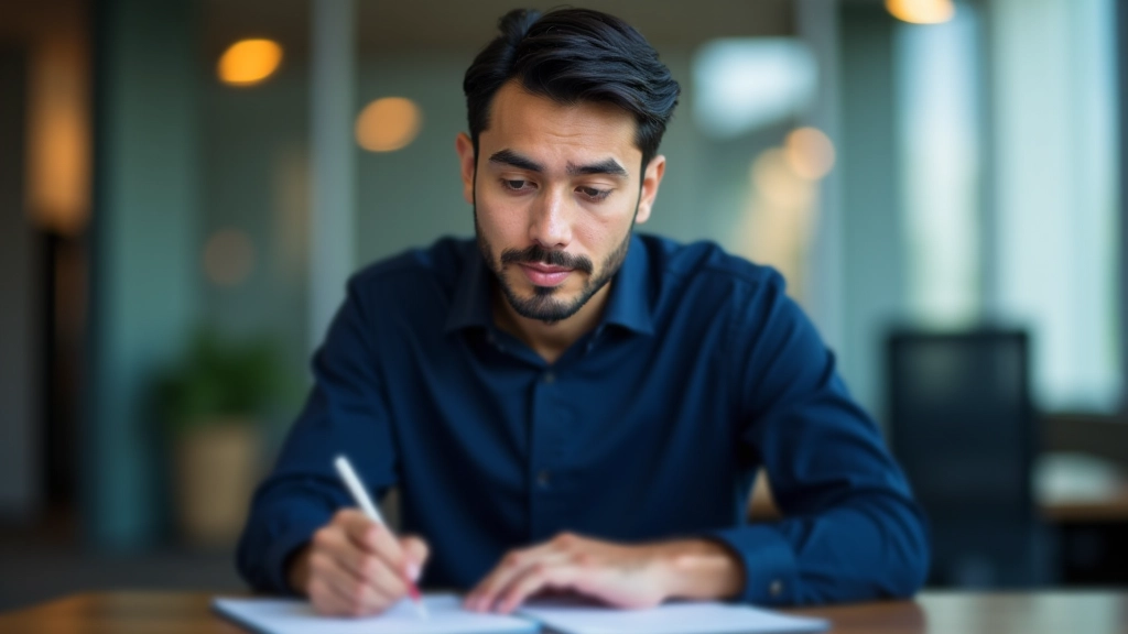 Manager writing notes during one-on-one meeting with employee at modern desk with laptop