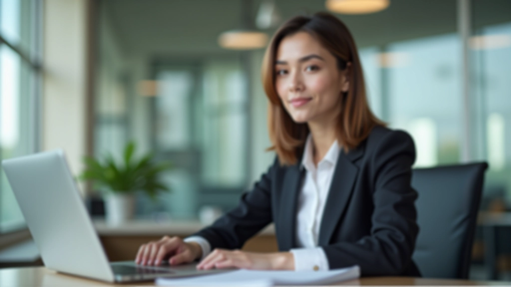 Professional woman in modern office, reviewing documents, focused expression, natural workspace lighting