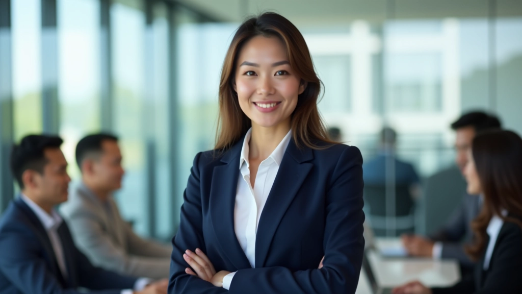 Professional woman in business attire leading a team meeting in modern office environment